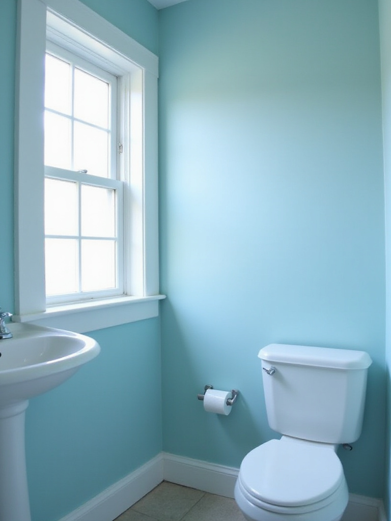 Bright, newly painted light blue bathroom.