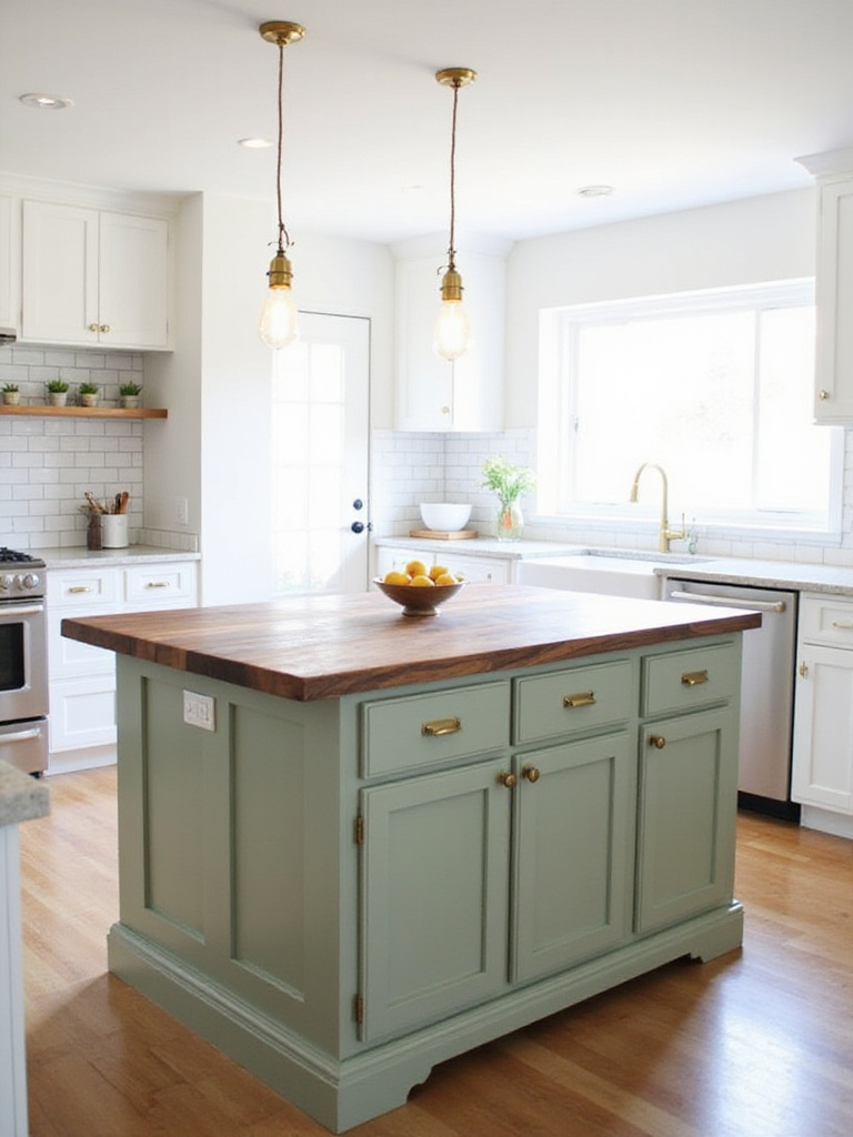 Kitchen island with sage green painted base and natural walnut wood countertop.
