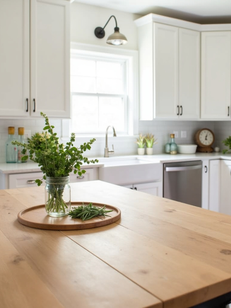 Farmhouse kitchen with white cabinets and butcher block countertop island