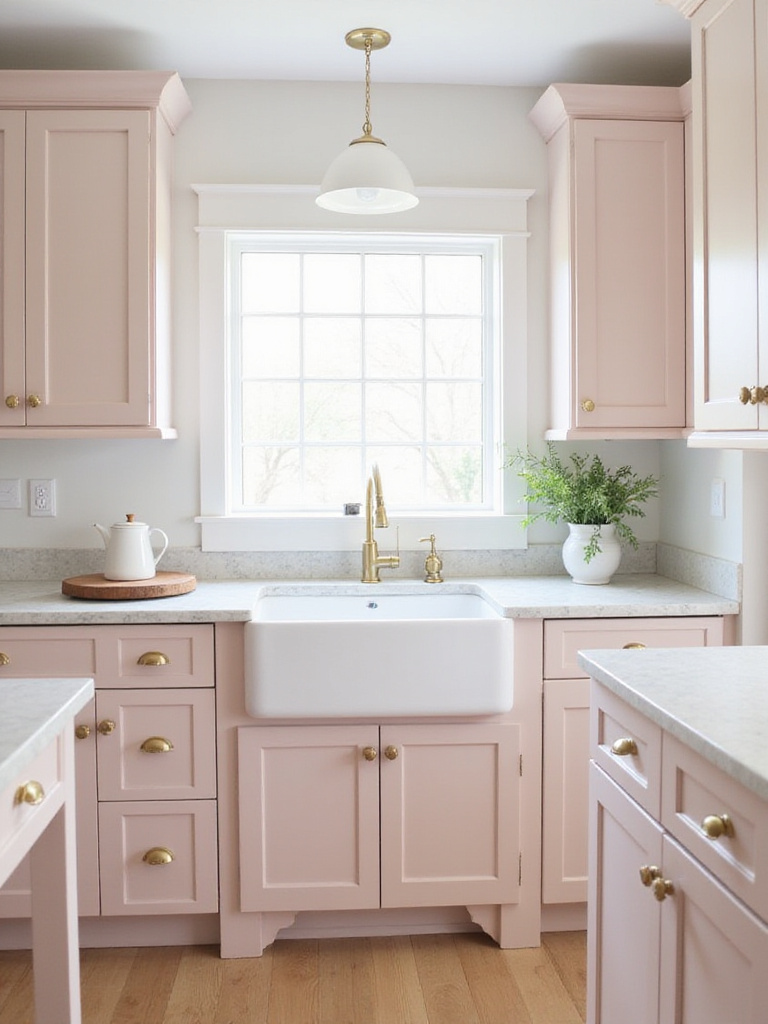 Pale pink kitchen cabinets in a modern farmhouse kitchen with brass hardware and marble countertops.