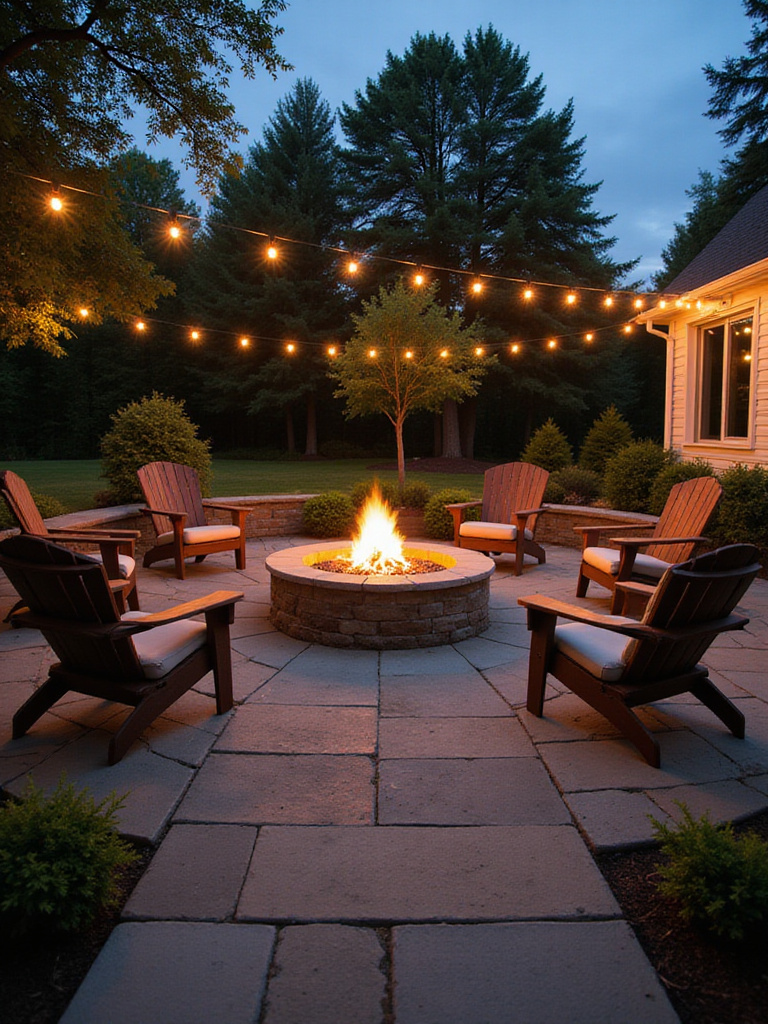 Backyard patio design with stone firepit and comfortable seating