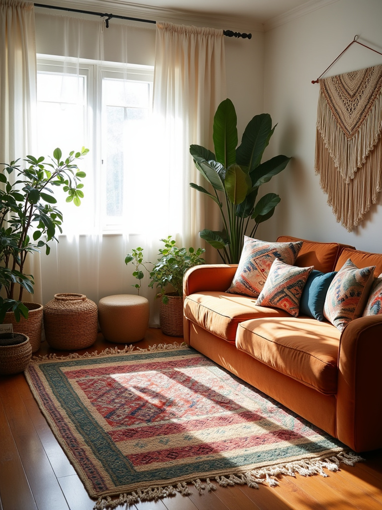 Boho living room with layered rugs, patterned pillows, macrame wall hanging, and plants, showcasing a mix of patterns and textures.