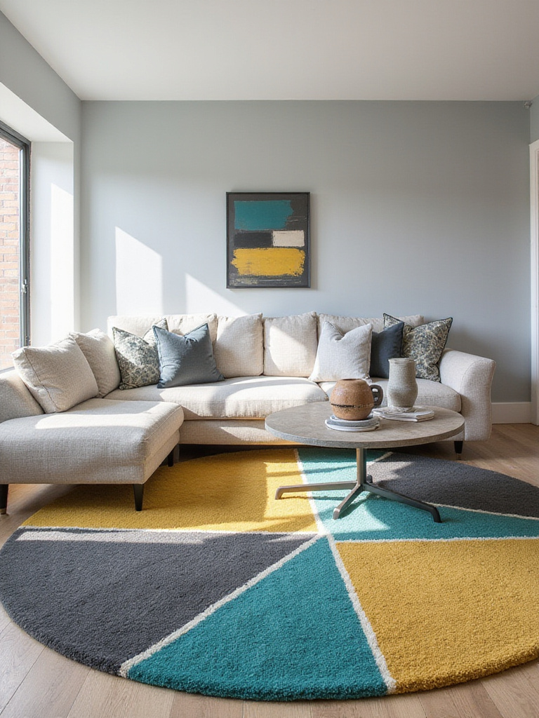Living room with geometric patterned rug adding personality
