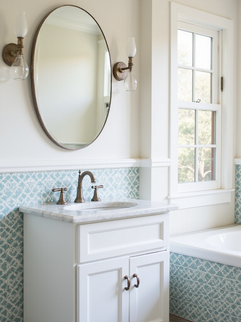 Bathroom vanity with peel and stick wallpaper accent wall.
