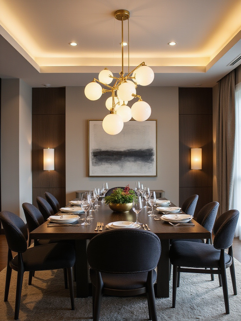 Dining room with modern chandelier hanging at the ideal height above a rectangular dining table set for a dinner party.