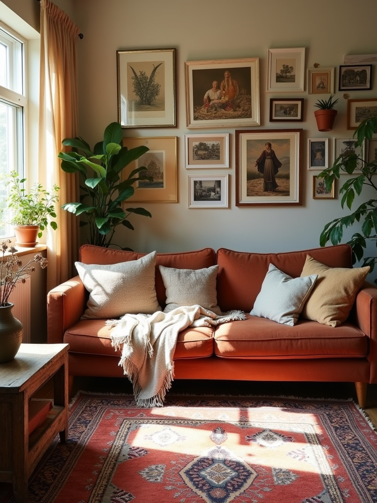 Boho living room featuring layered rugs, vintage furniture, eclectic art, and natural textures for a relaxed and lived-in aesthetic.