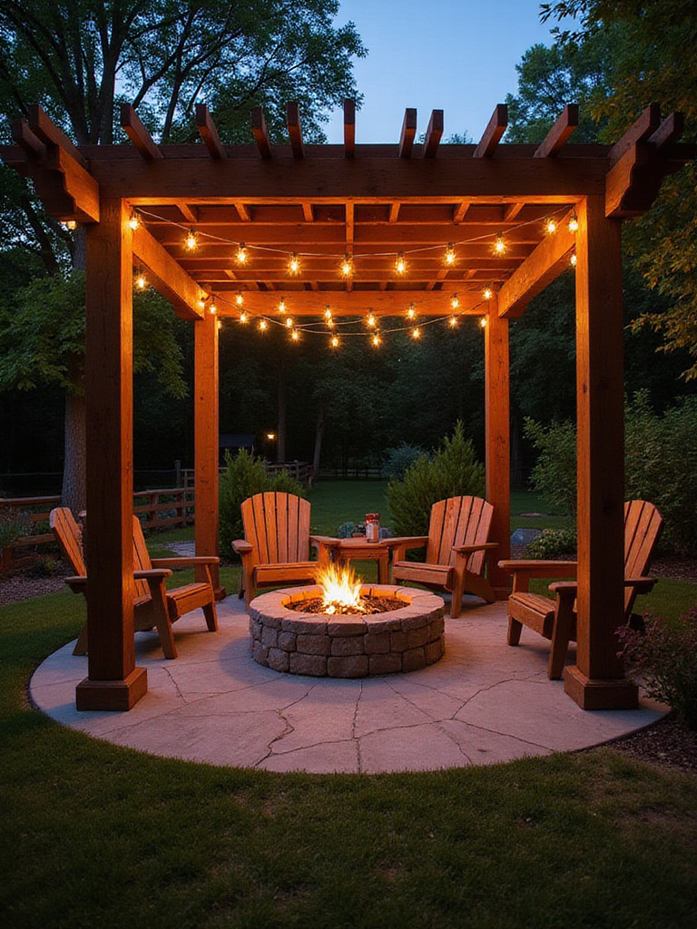 Backyard firepit area with wooden pergola, string lights, and comfortable seating.