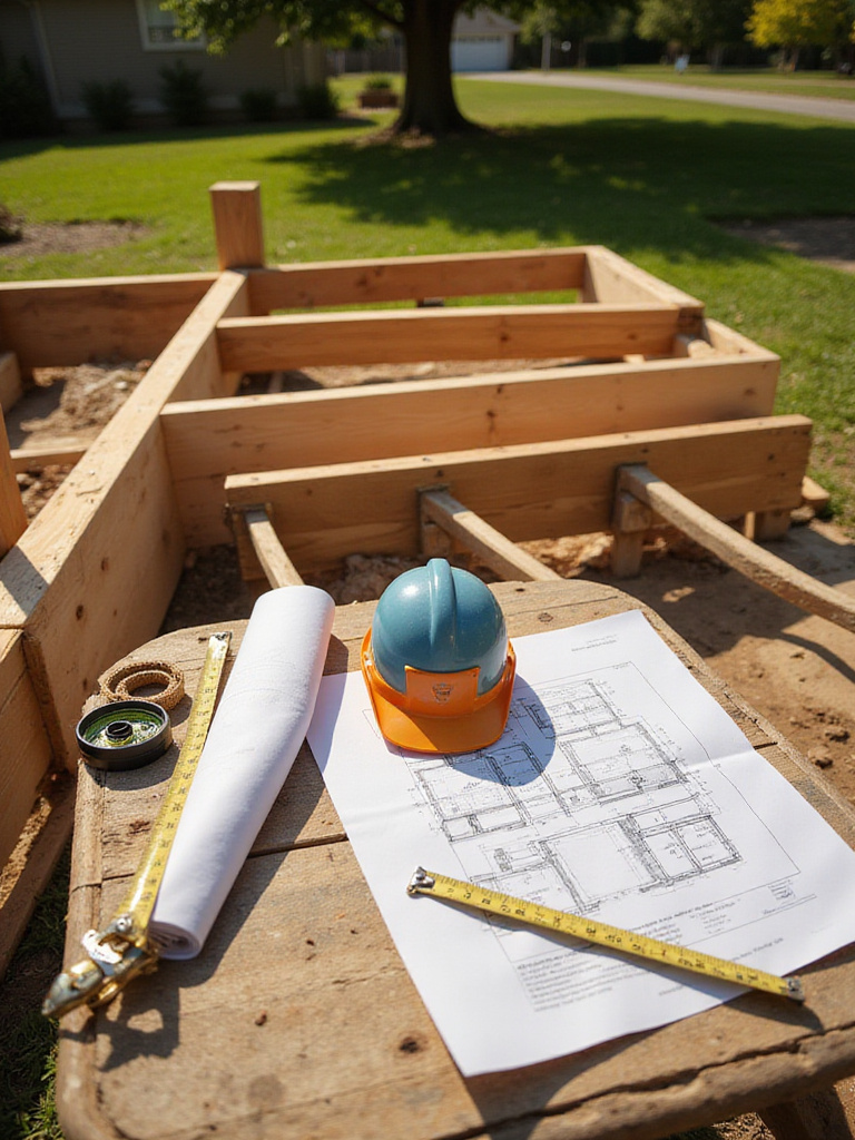 Partially constructed deck framing with visible footings, blueprint, and hard hat, emphasizing the importance of permits and planning.