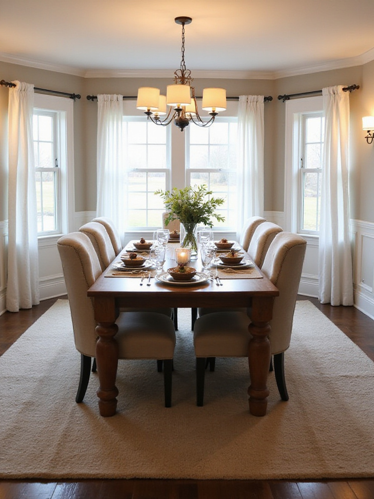 Comfortable and inviting modern farmhouse dining room set for a dinner party.