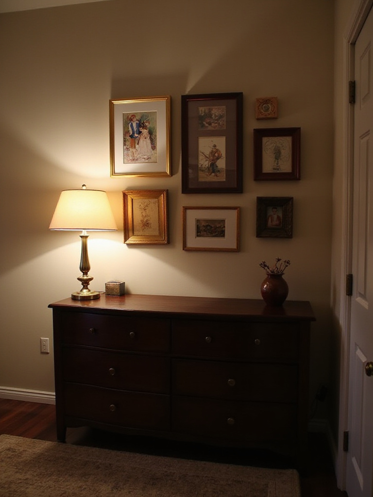 Cozy bedroom corner with gallery wall above a dark wood dresser featuring personal photos and art.
