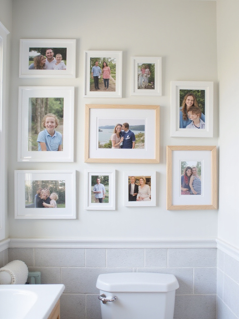 Bathroom gallery wall featuring family photos in waterproof frames.