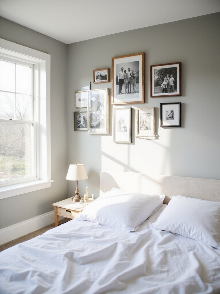 Bedroom wall decorated with a gallery of framed family photos.