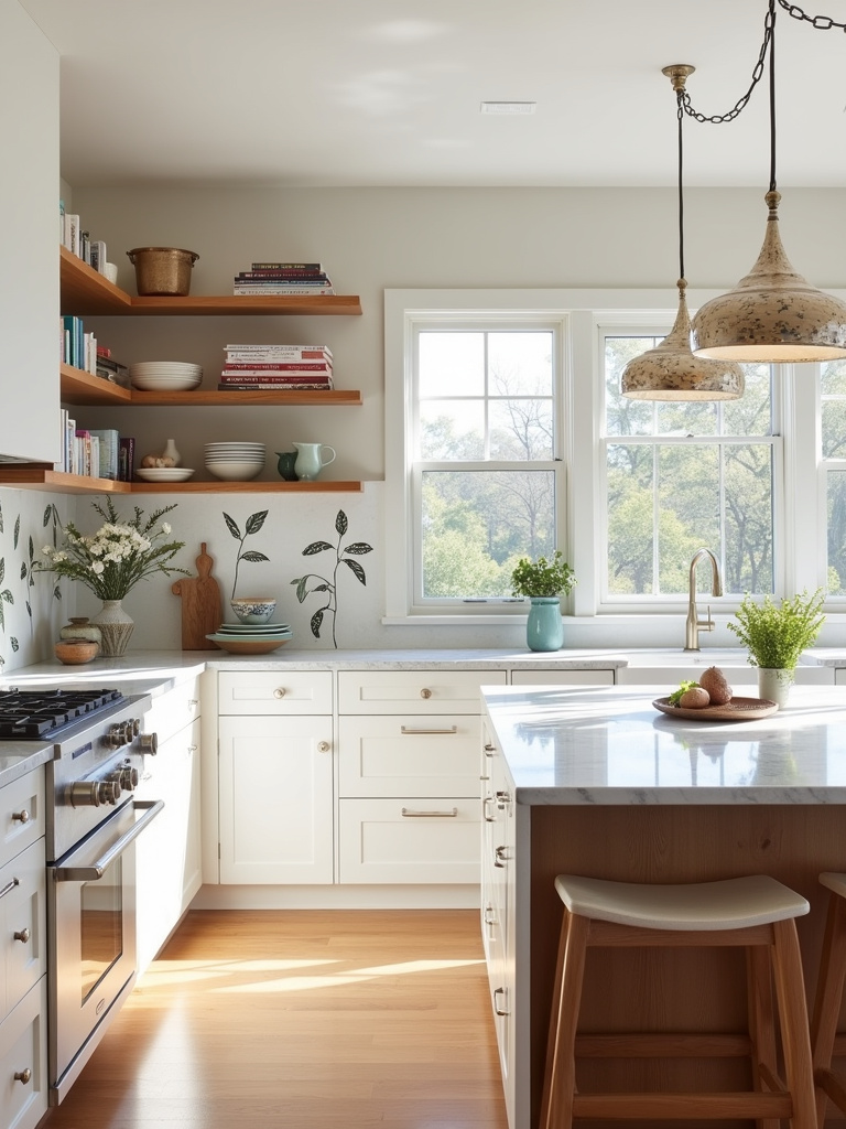 Modern kitchen renovation featuring personalized backsplash, vintage cookbooks, and statement lighting.
