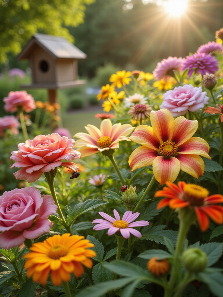 Lush flower garden with ladybugs, showcasing natural pest control.