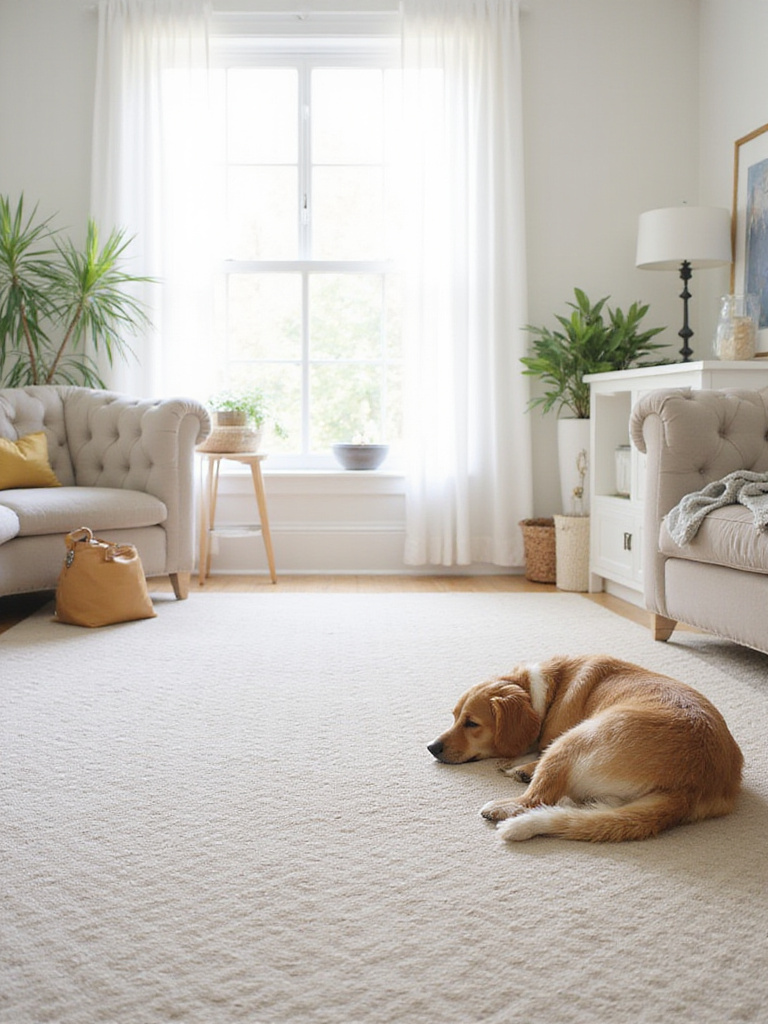 Pet-friendly living room rug: A patterned polypropylene rug in a bright living room with a dog sleeping on it, showing how the rug blends with the dog's fur.