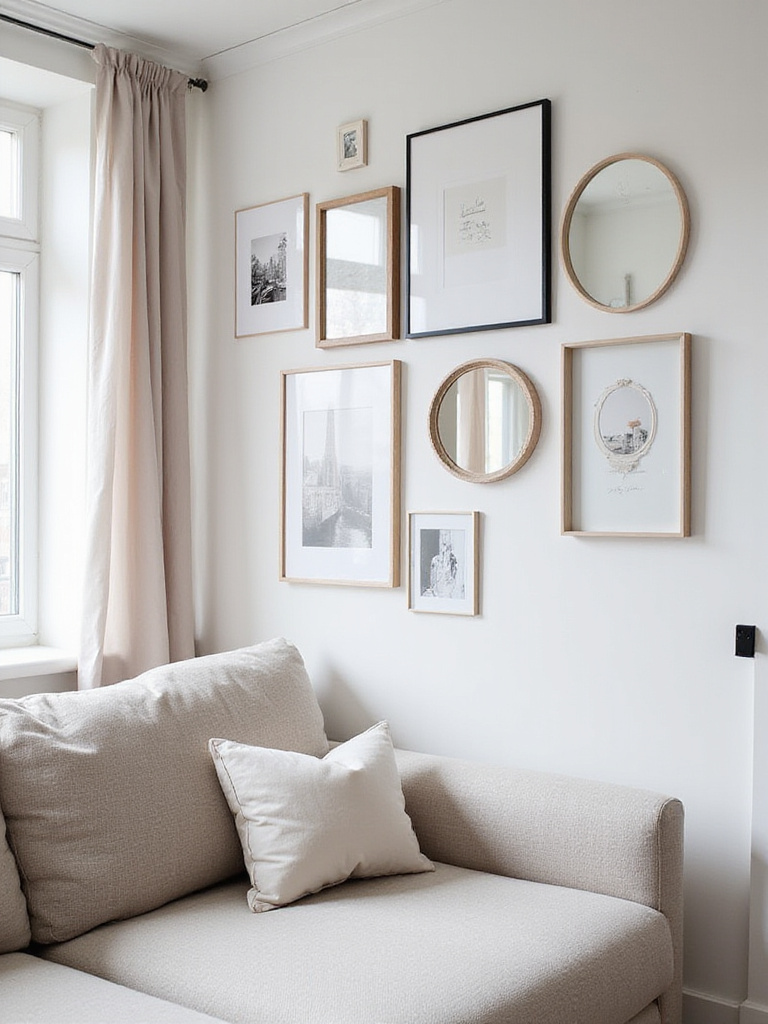 Modern apartment living room featuring a gallery wall above a sofa.