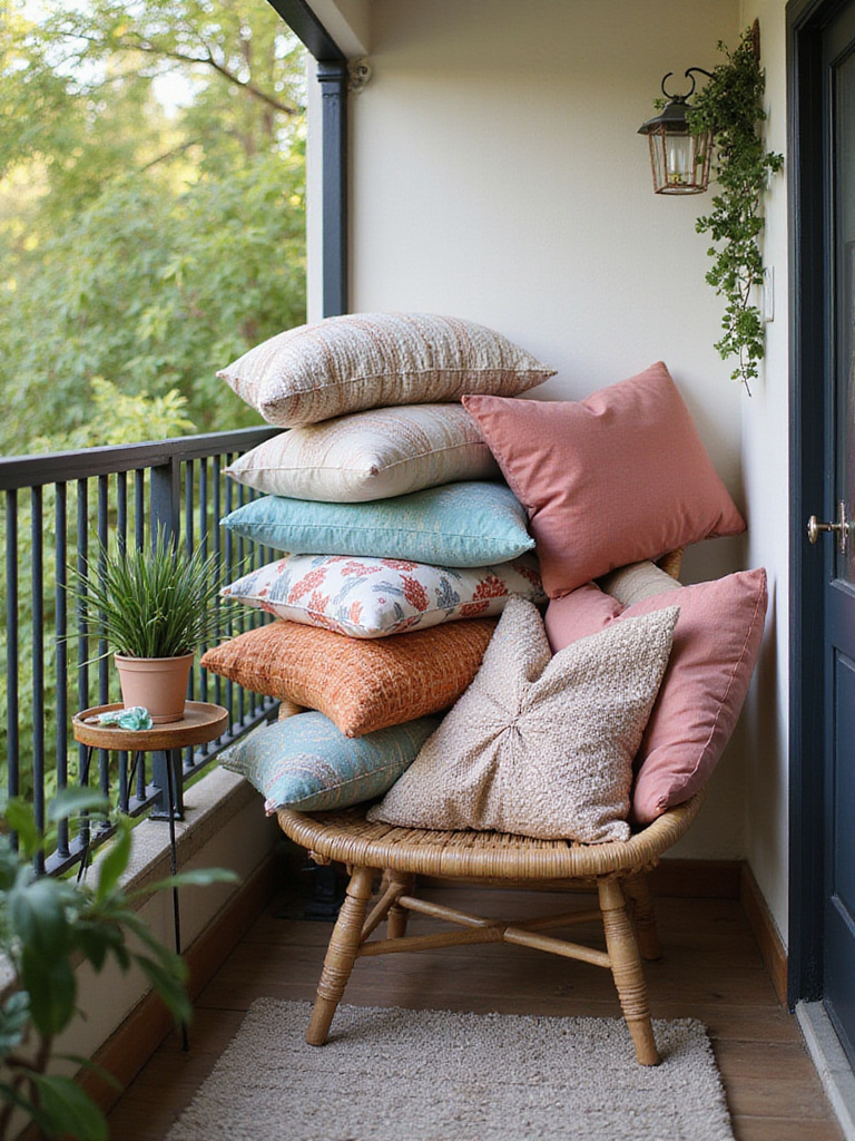 Apartment balcony with comfortable chair and colorful throw pillows.
