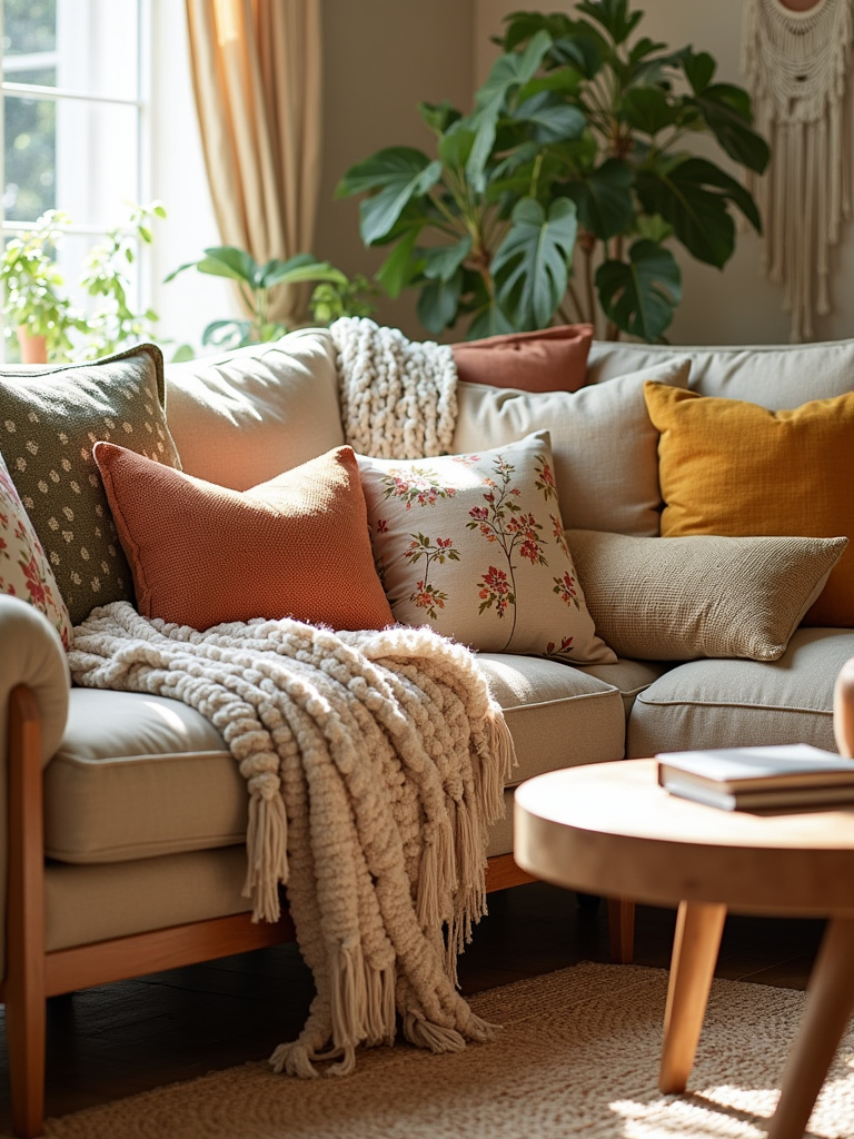 Boho living room with mix-and-match throw pillows in various textures and patterns on a comfortable sofa.