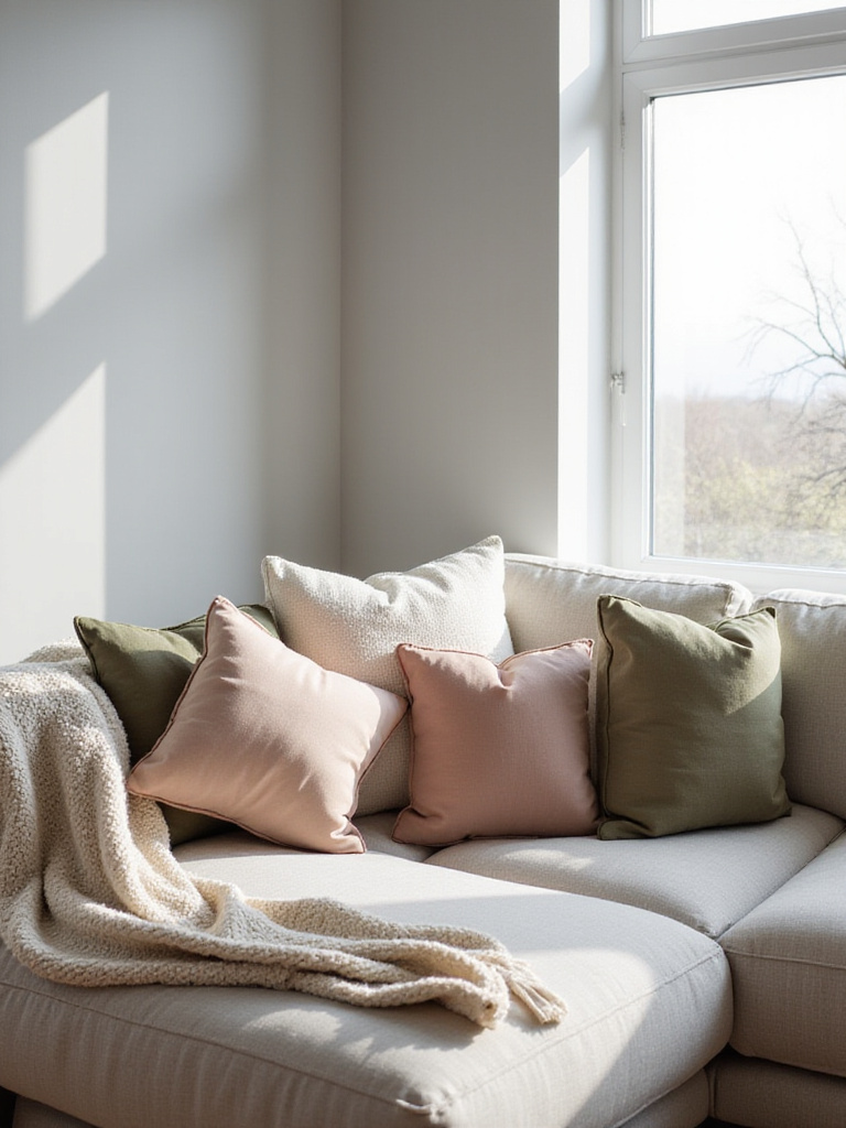 Apartment living room with neutral sofa, colorful throw pillows, and cozy blanket.