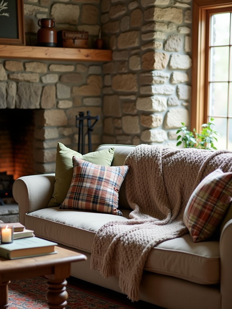 Rustic living room with plaid throw blanket and pillows, creating a cozy and inviting atmosphere.