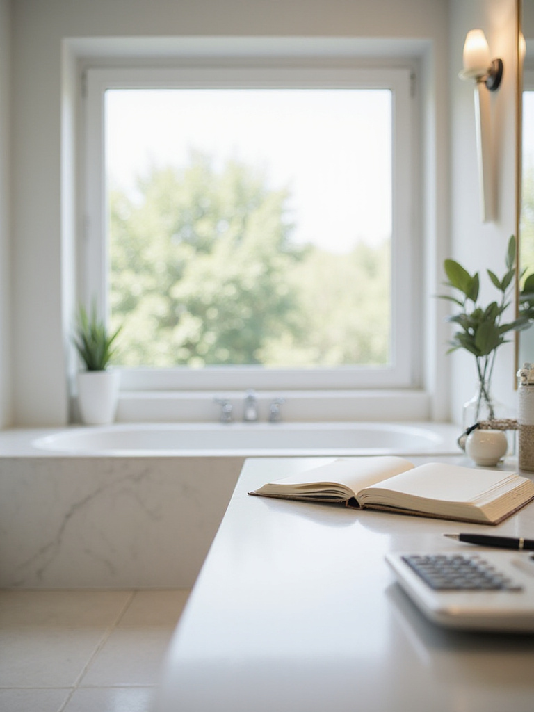 Modern bathroom with a budget planning notebook visible on the vanity counter.