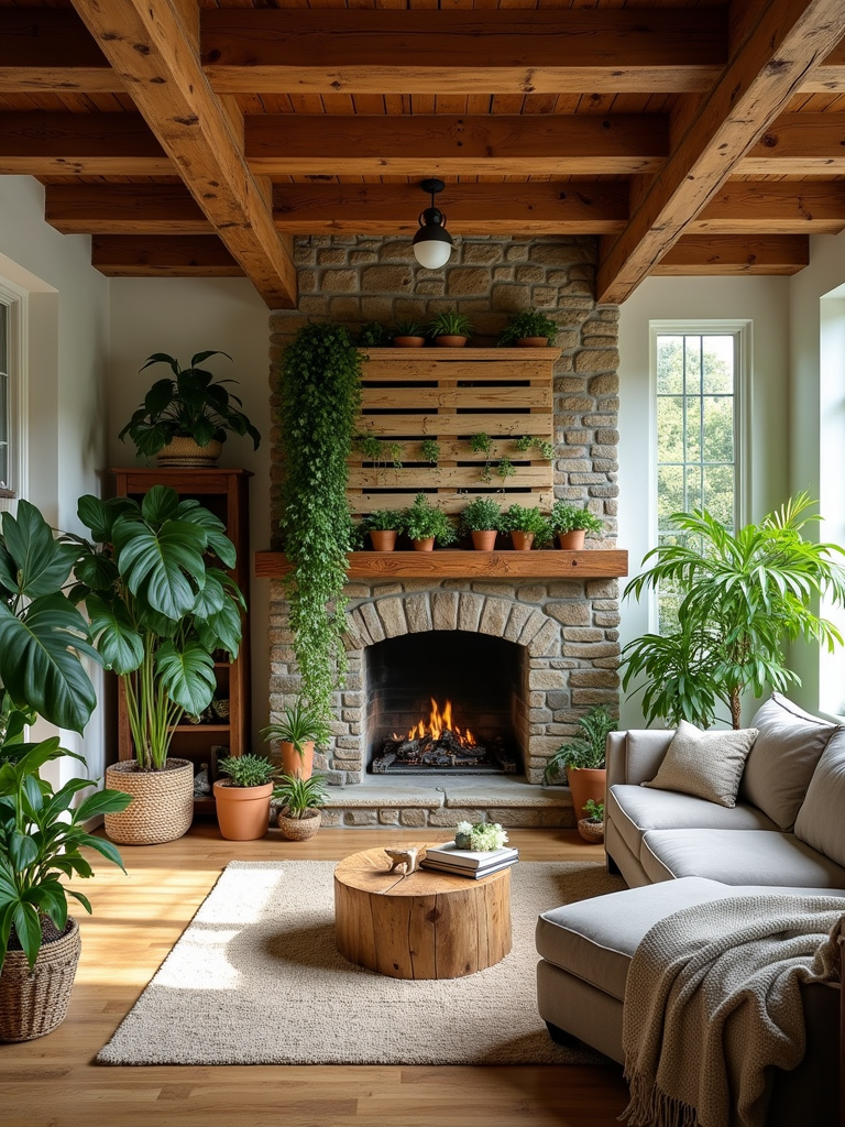Rustic living room with plants and greenery, creating a cozy and inviting space.