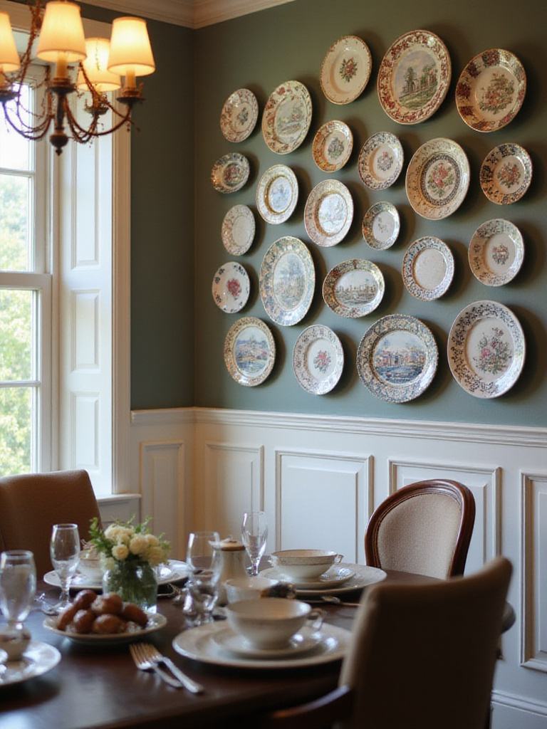 Dining room with a wall decorated with an arrangement of elegant decorative plates.