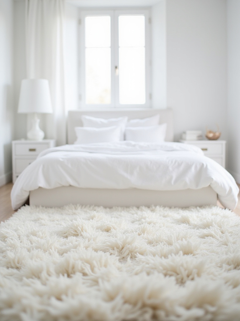 Plush white shag rug in a minimalist white bedroom