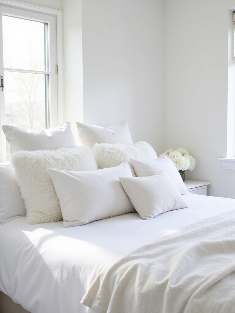 White bedroom with plush white throw pillows in varying textures on the bed
