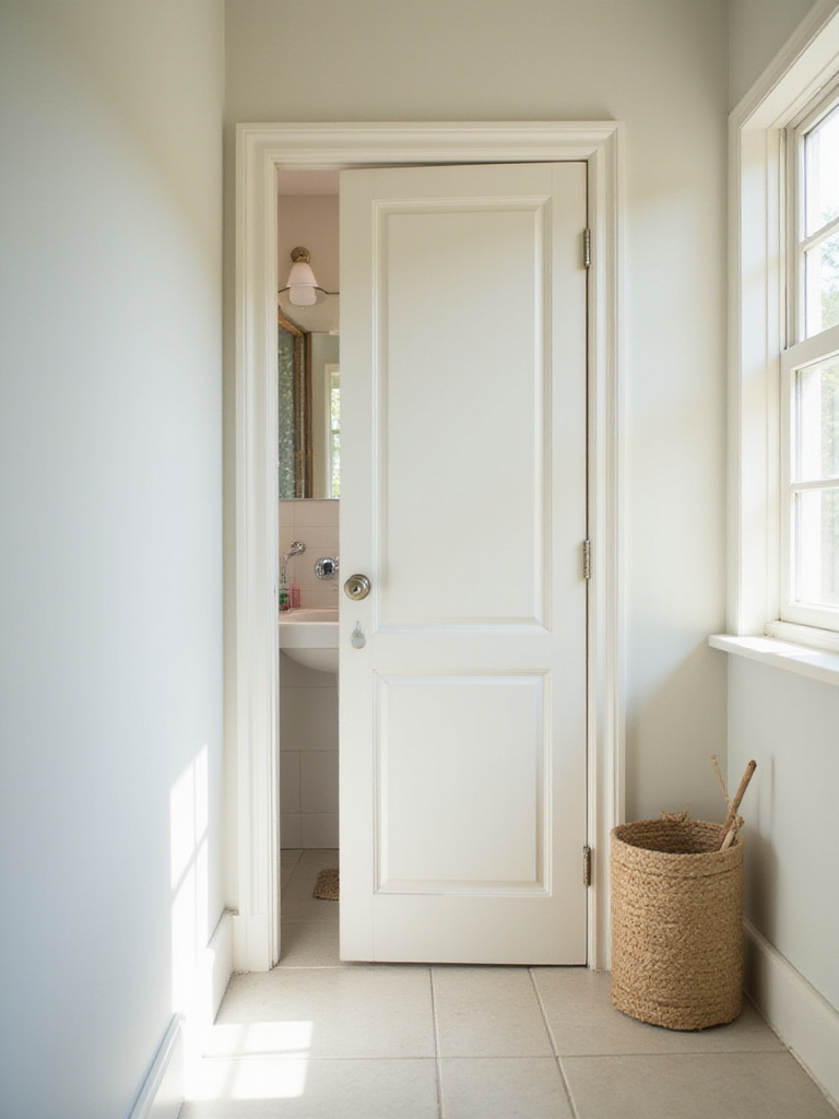 Small bathroom remodel featuring a space-saving pocket door