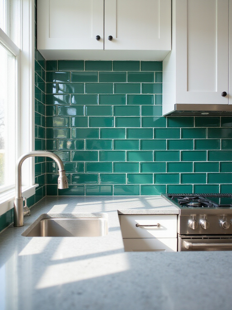 Emerald green glass tile backsplash in a modern kitchen