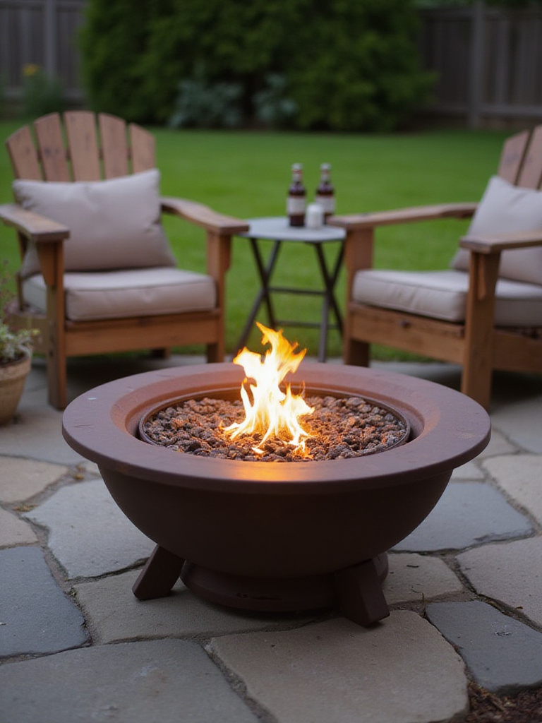 Portable propane firepit creating a cozy backyard seating area.