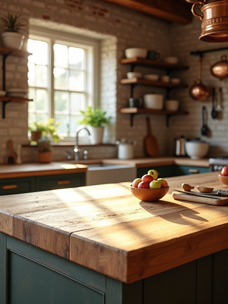 Rustic kitchen with butcher block countertop island, featuring fresh apples, vintage cutting board, and chef’s knife.
