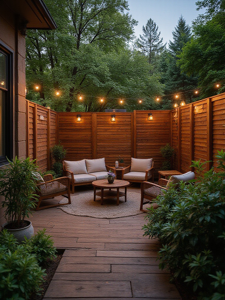 Deck design featuring wooden privacy screen and lush landscaping for a secluded outdoor retreat.