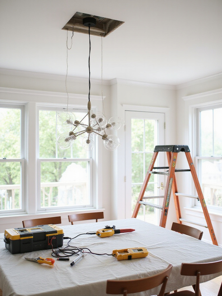 Dining room chandelier installation in progress, showing tools and wiring.