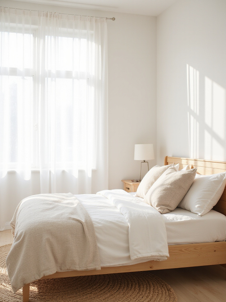 Serene white bedroom with natural light and textures