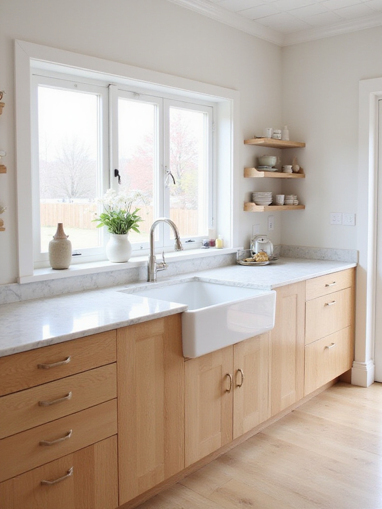 Scandinavian kitchen featuring quality, durable materials like solid wood cabinets, marble countertops, and hardwood flooring.
