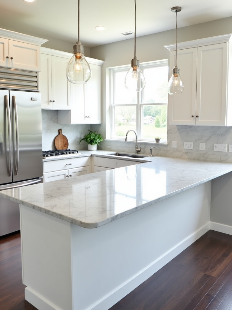 Modern kitchen with white cabinets and light gray quartz countertops with waterfall edge.