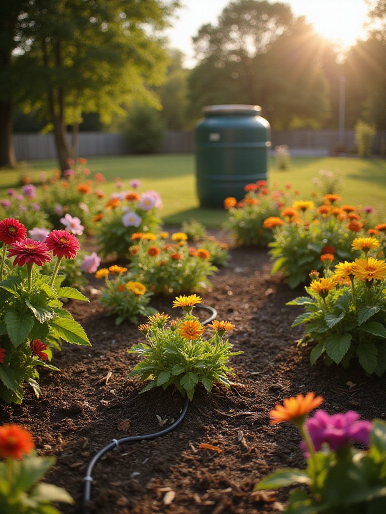 Flower garden with drip irrigation system and rain barrel, illustrating smart watering techniques.