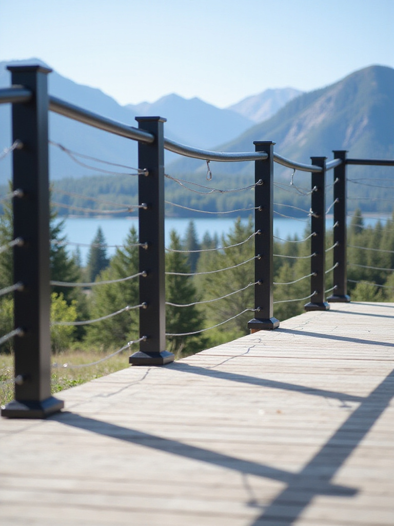 Modern deck with cable railings offering unobstructed views of a mountain landscape.