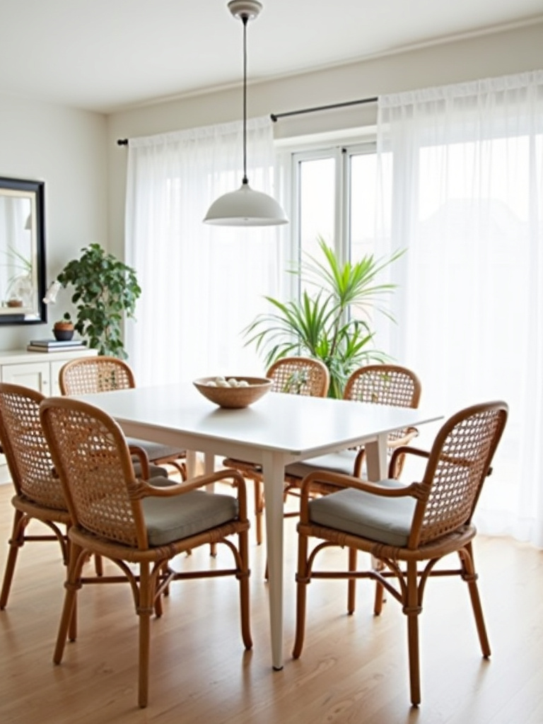 Contemporary dining room with rattan dining chairs and a minimalist white table