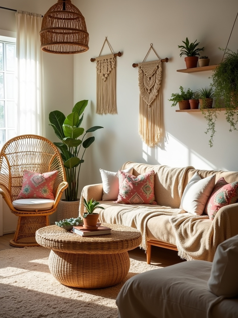 Boho living room featuring rattan peacock chair, wicker coffee table, and other natural woven elements.