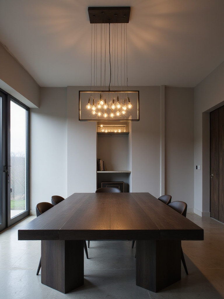 Modern dining room with rectangular wooden table and linear LED chandelier