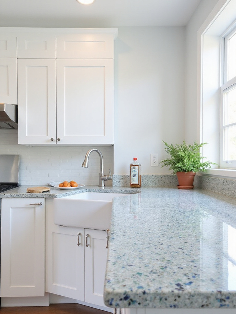 Modern kitchen with white cabinets and a colorful recycled glass countertop.