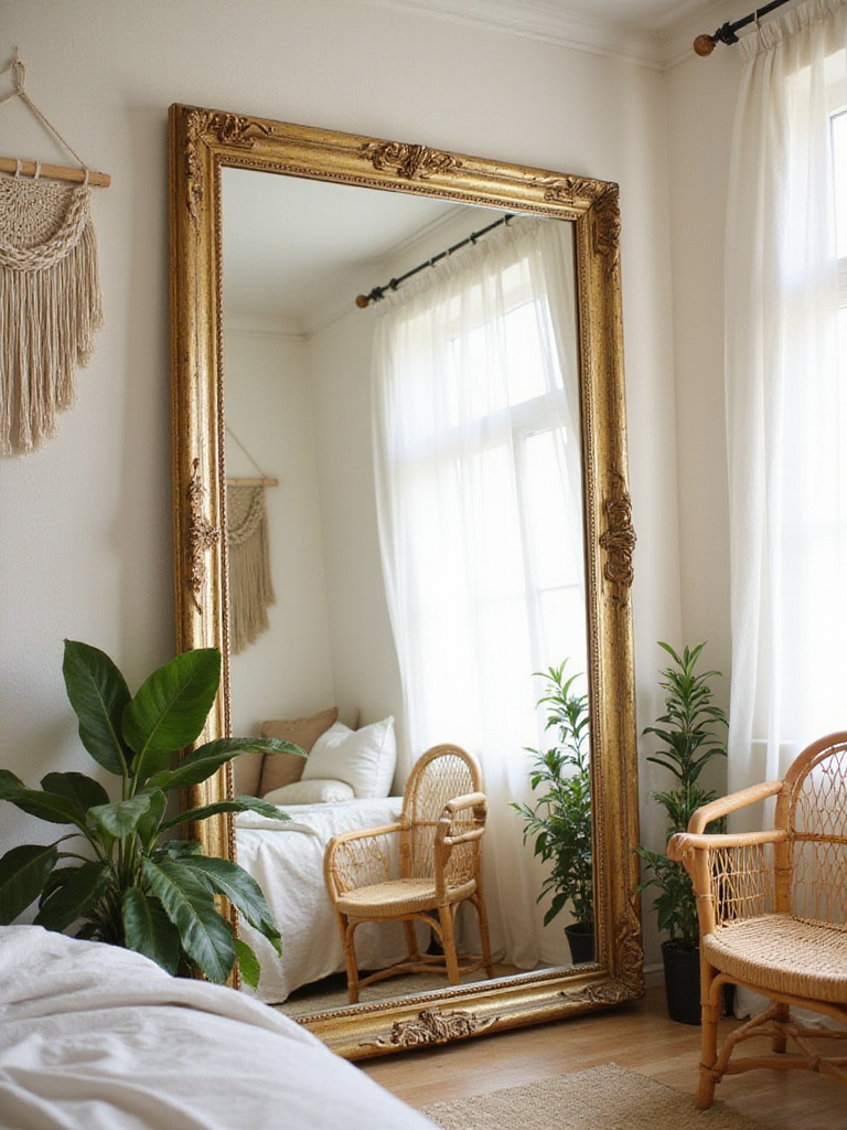 Boho bedroom with large ornate mirror reflecting natural light and rattan furniture.