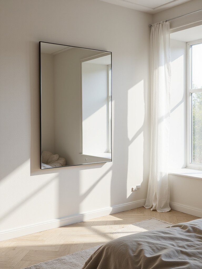 Minimalist bedroom with a large mirror reflecting sunlight and enhancing the feeling of space.