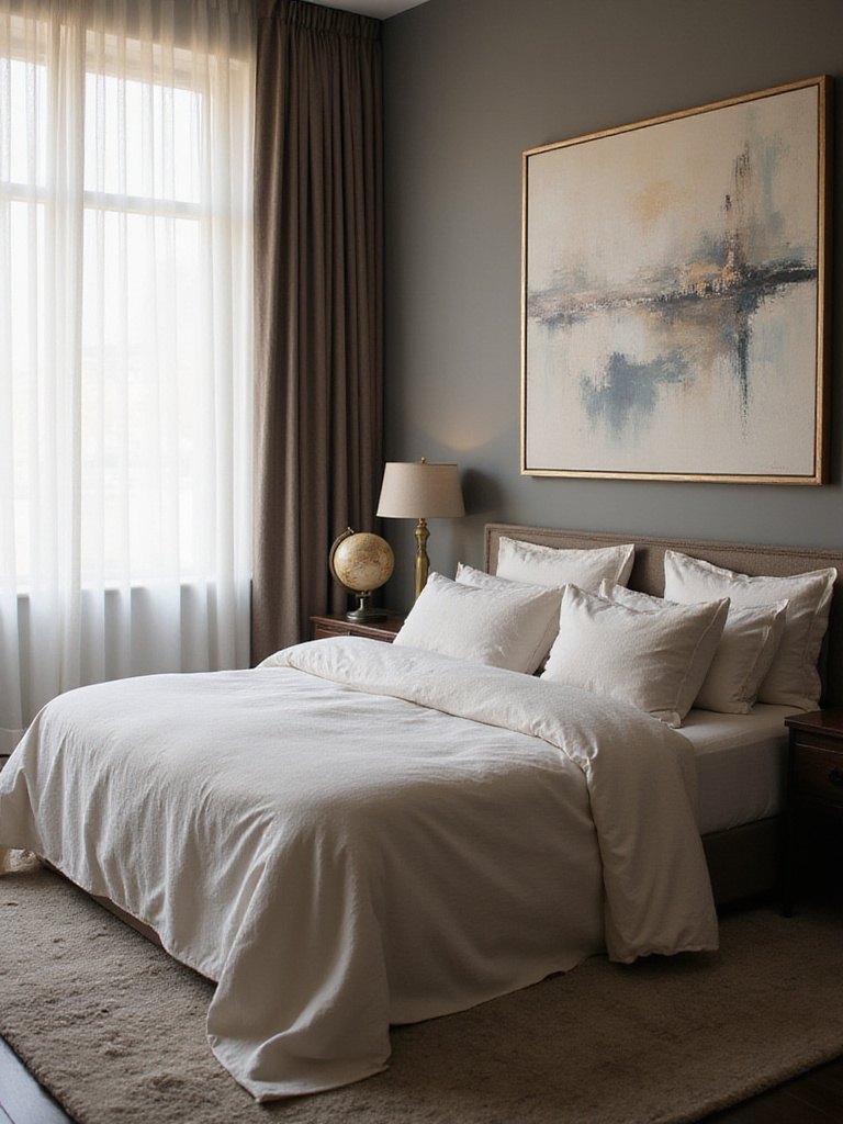 Luxurious bedroom featuring abstract art and vintage globe, showcasing personalized interior design elements.