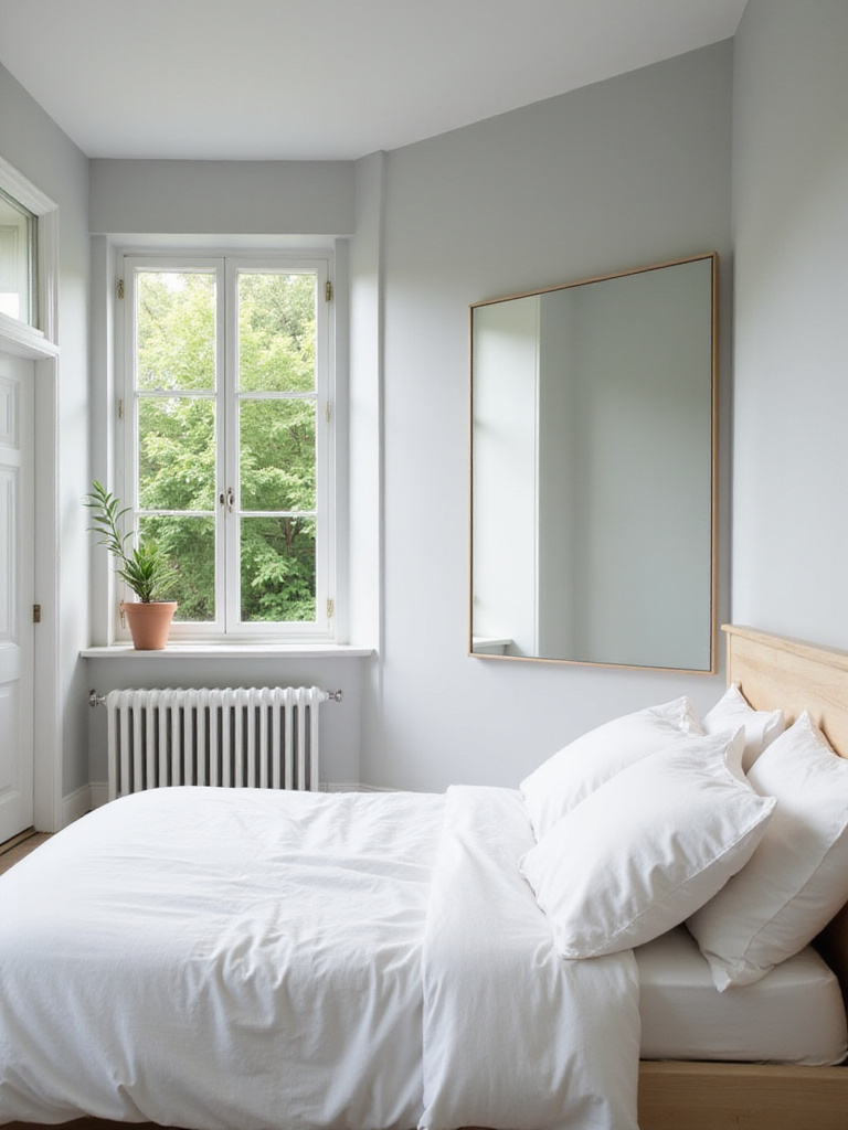 Small bedroom design with large mirror reflecting natural light, creating spacious feel