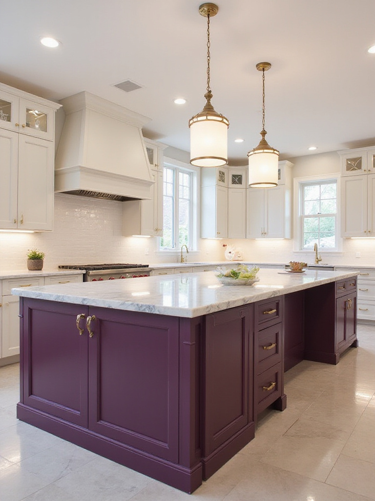 Luxurious eggplant purple kitchen island with white marble countertop and gold hardware in a modern kitchen.