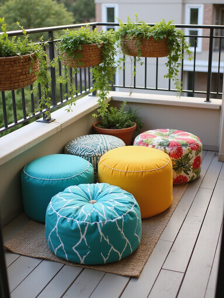 Vibrant outdoor poufs arranged on a small apartment balcony for casual seating.